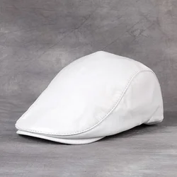 Spring/Winter Unisex Genuine Leather Beret Hats Men Women White/Blue Peaked Cap Male Thin Boina Casual Trucker Caps Bonnet