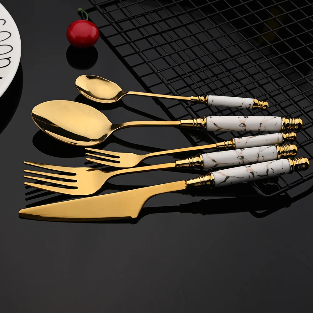 Gold Ceramic Tableware Tea Fork Spoon Knife Set Vintage Flatware Cutlery Set Stainless Steel Dinner Dinnerware Silverware Set