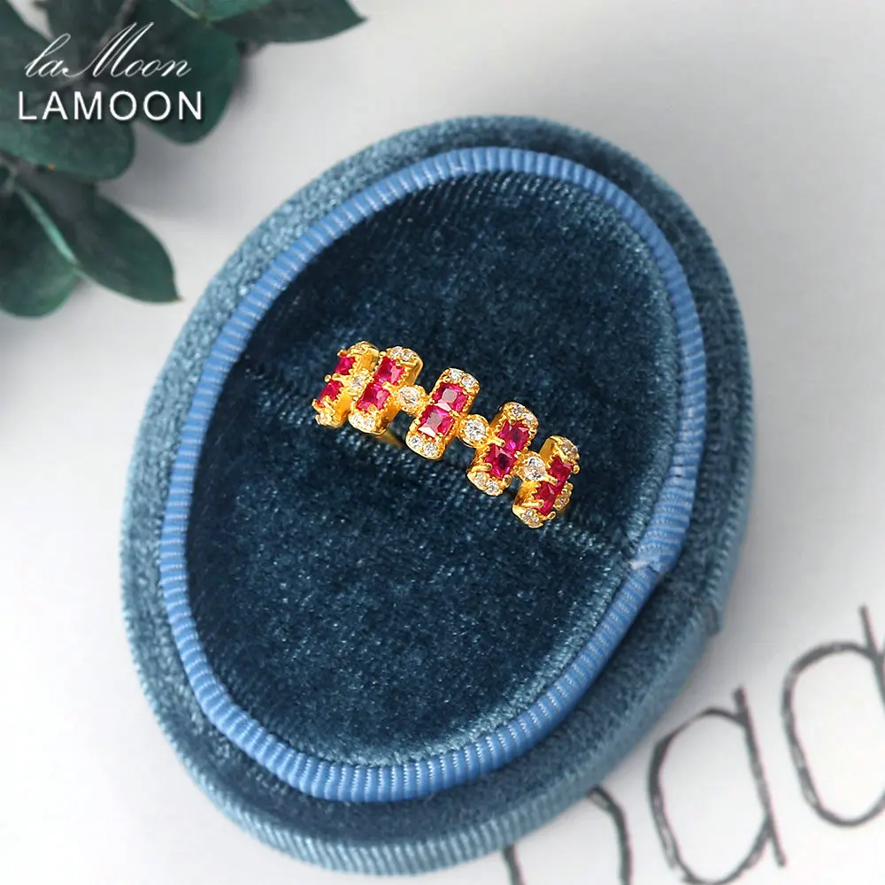 LAMOON Retro Vintage Palace Style Crown 925 Silver Ring For Women Artificial Red Corundum 14K Gold Plated Fine Jewelry LMRI107