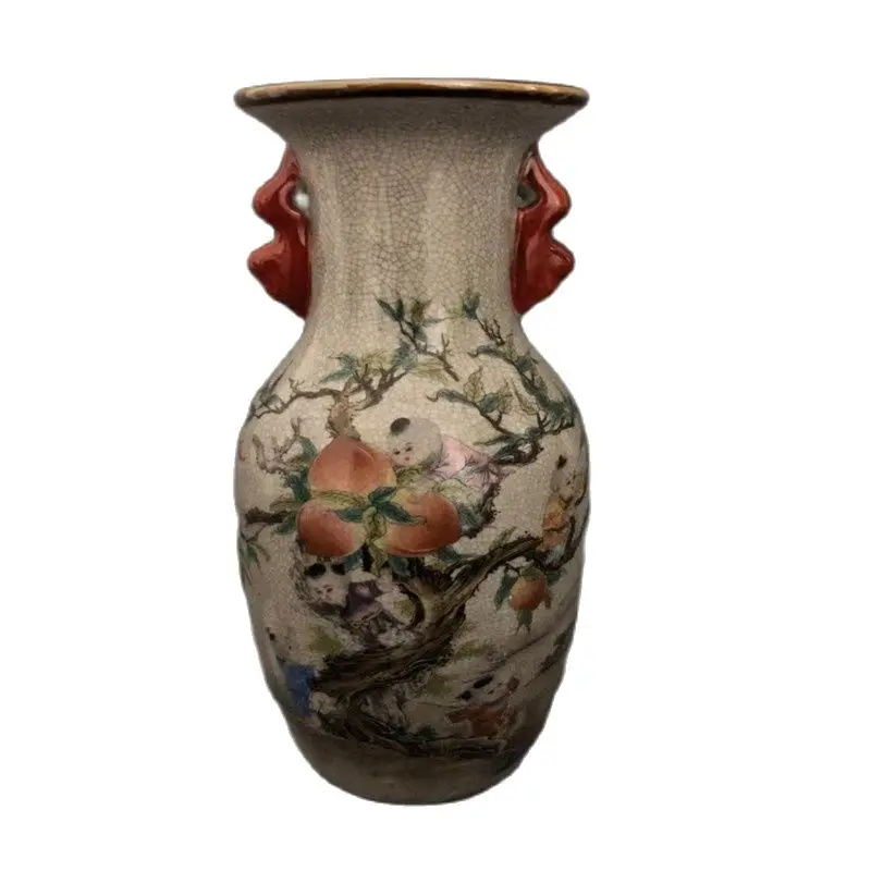 Chinese Old Porcelain Crack Glazed Jiuzi Pantao Shoutao Painting Double Ear Vase