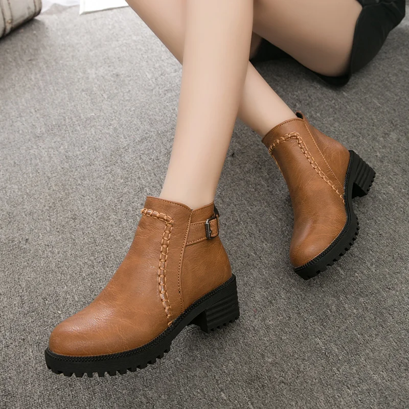 Women\'s Ankle Boots Zipper Square heel Vintage Print Leather Shoes for Women Buckle Strap Round Toe Casual Short Boots Shoes