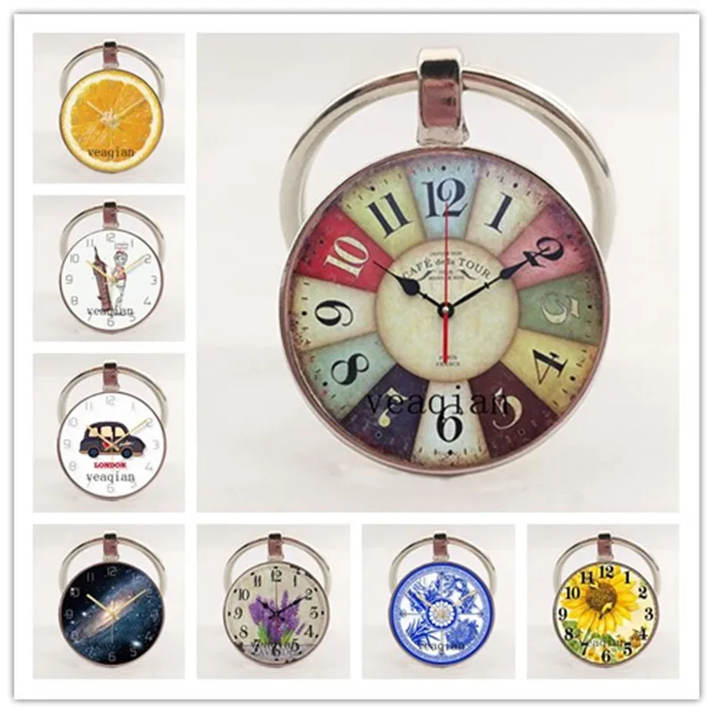 New charm key ring jewelry clock pocket watch glass convex auto parts unisex key ring