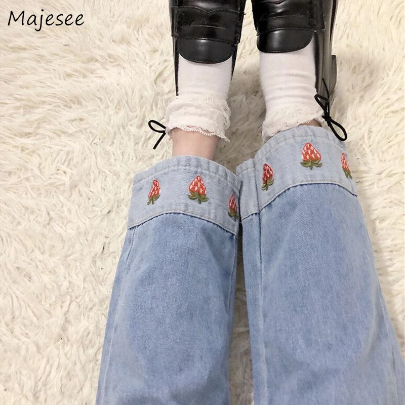 Jeans Women Strawberry Embroidery Kawaii Pockets Ankle-length Elastic Waist Girls Denim Simple All-match Korean Style Student