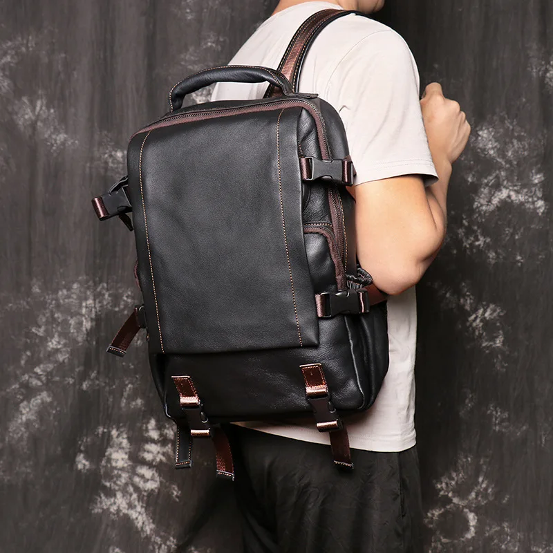 

Nesitu High Quality A4 Coffee Black Top Grain Genuine Leather 14'' Laptop Women Men Backpack Travel Bag Large Capacity M1034