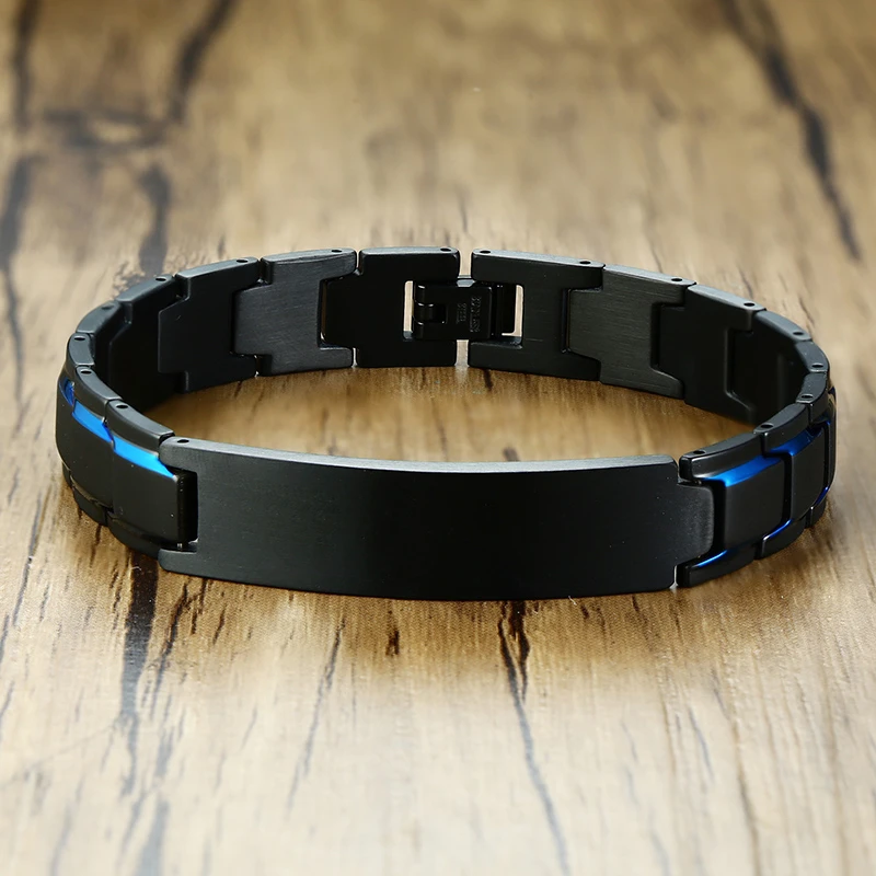 Vnox Men Personalized Custom Engrave ID Bracelets Black and Blue Color Stainless Steel Link Chain 8.46"