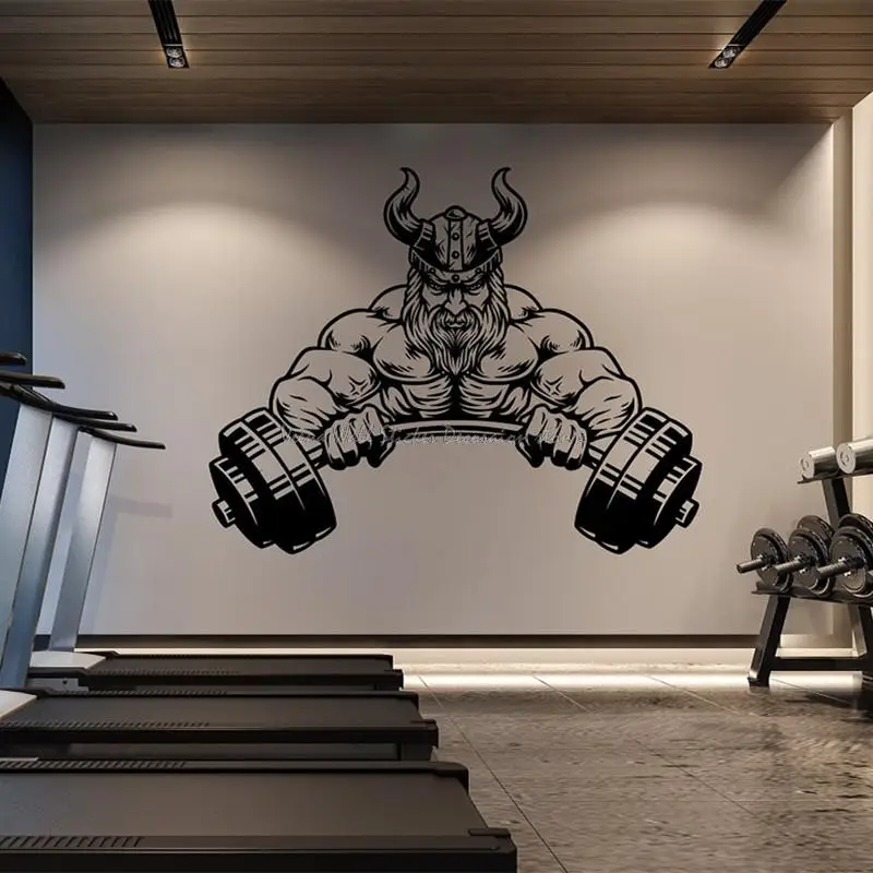 Gym vinyl wall sticker Viking warrior muscle exercise training room weightlifting barbell exercise fitness club decoration decal