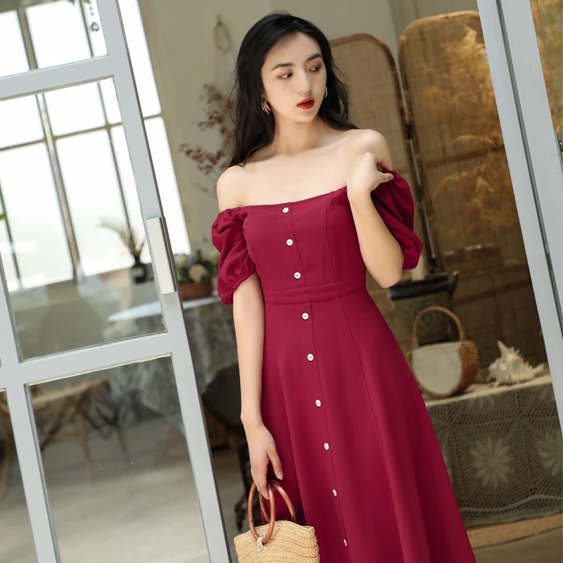 

2021 New Romantic Sexy Red Hepburn 50s 60s Retro Slash Neck Slim Short-sleeved dress Womens Summer Party Prom Dresses