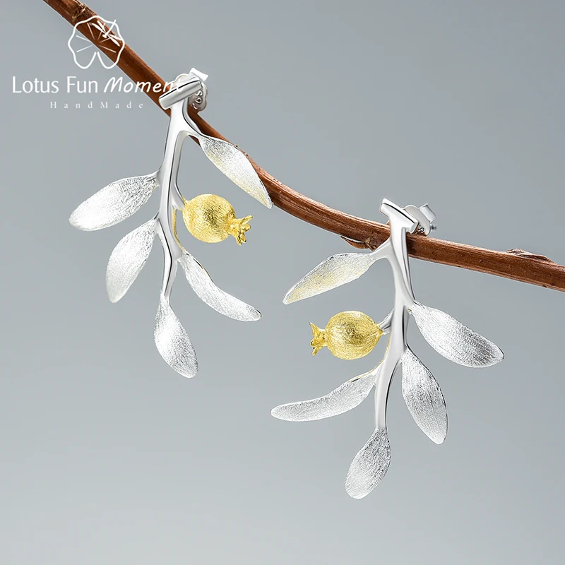 

Lotus Fun Moment Unusual Pomegranate Fruits Leaves Branch Dangle Earrings For Women 925 Sterling Silver Fashion Jewelry