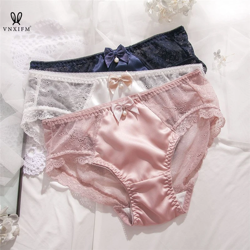 2023Pearl bow lace stitching women\'s panties, soft and shiny satin panties, transparent seamless cotton crotch underwear panties