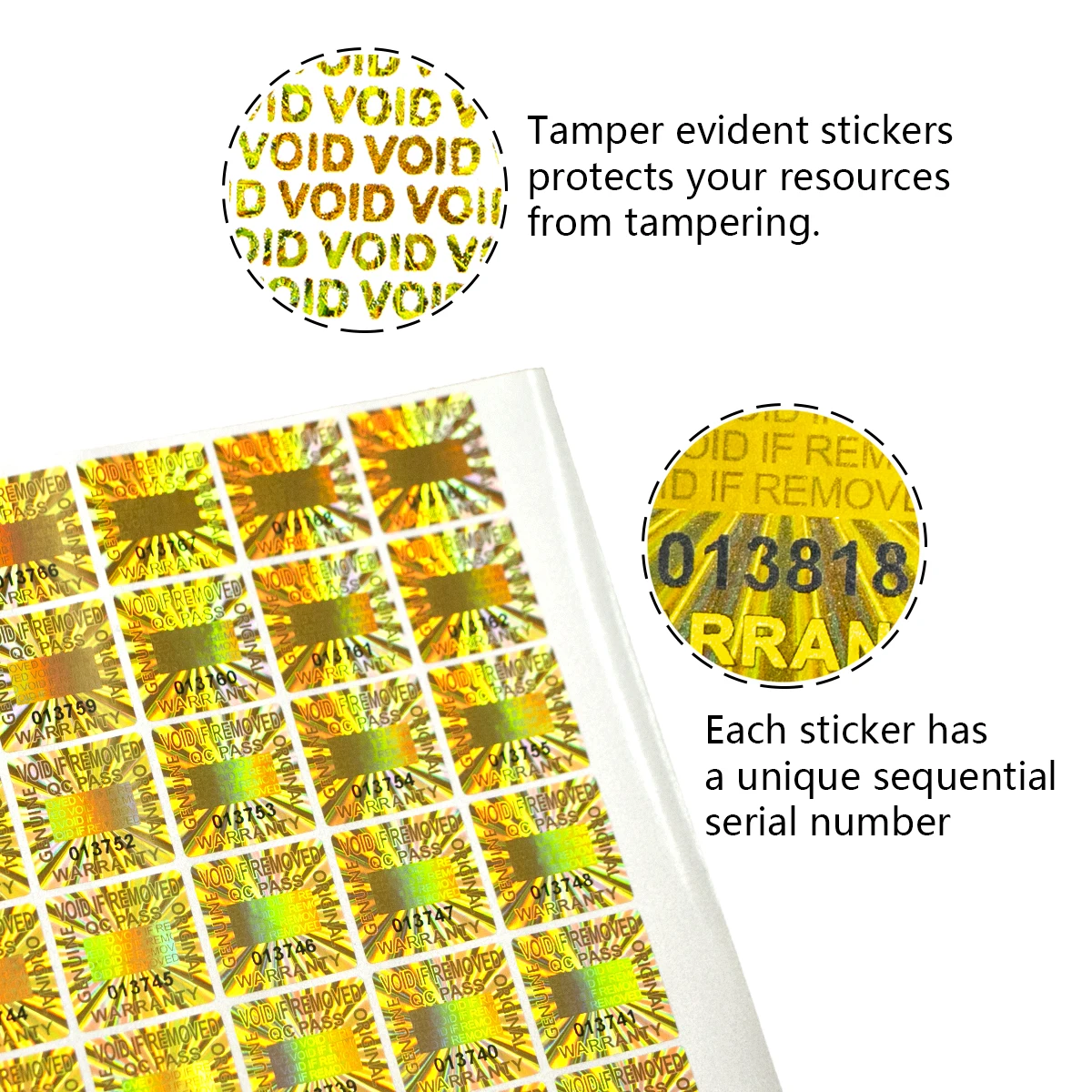 20x20mm Golden Stickers warranty void sticker Tamper Evident Security Seal holographic sticker Adhesive label with serial number