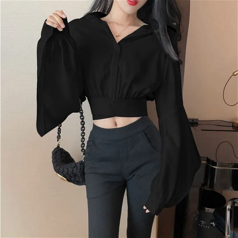 Blouses Women Pure Fashion Ins Casual Design Summer Soft Solid Daily V-Neck Flare Sleeve Cropped 2021 Newest Clothes Aesthetic