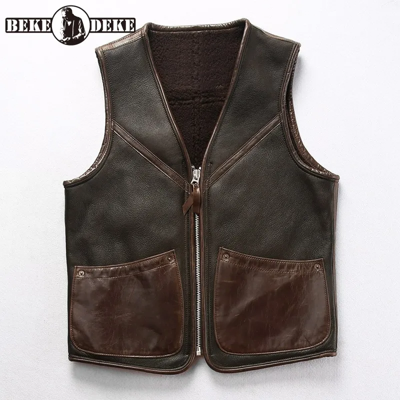 

Designer Men V-Neck Slim Short Sheepskin Vest Pockets Zipper Wool Cargo Sleeveless Jackets Vintage Biker Waistcoat Oversize 4XL