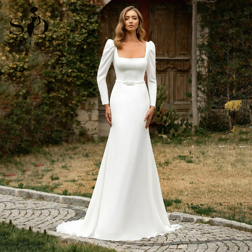 SoDigne Modern Country Mermaid Wedding Dress With Belt Square Collar Long Sleeves Backless Elastic Satin Bridal Gown Dresses