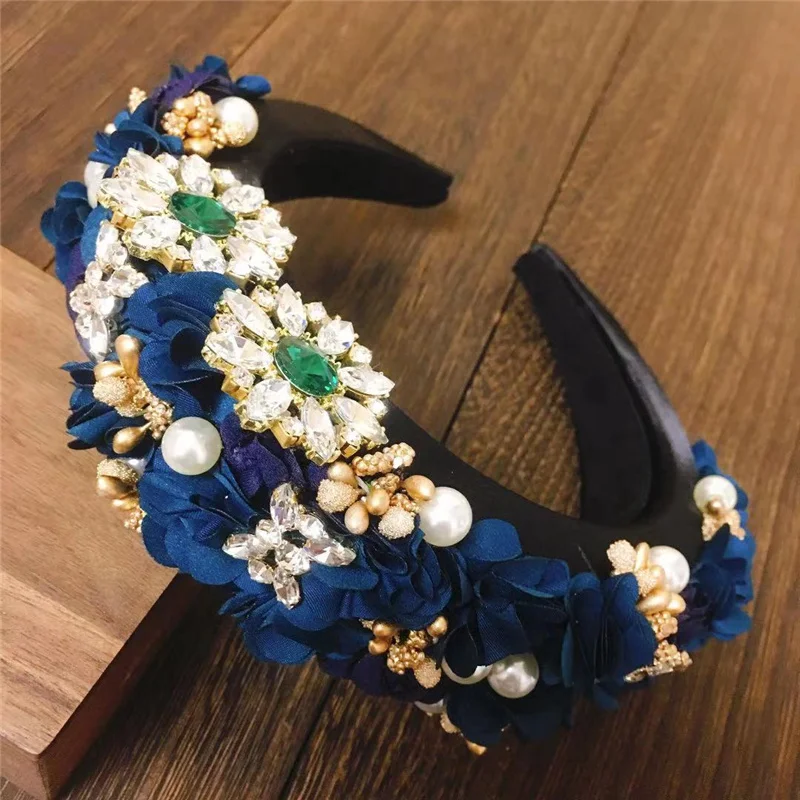 2 Styles New Design Handmade Flower Baroque Rhinestone Crystal Headbands Sparkly Padded Headband For Women Cloth Hairband Gift