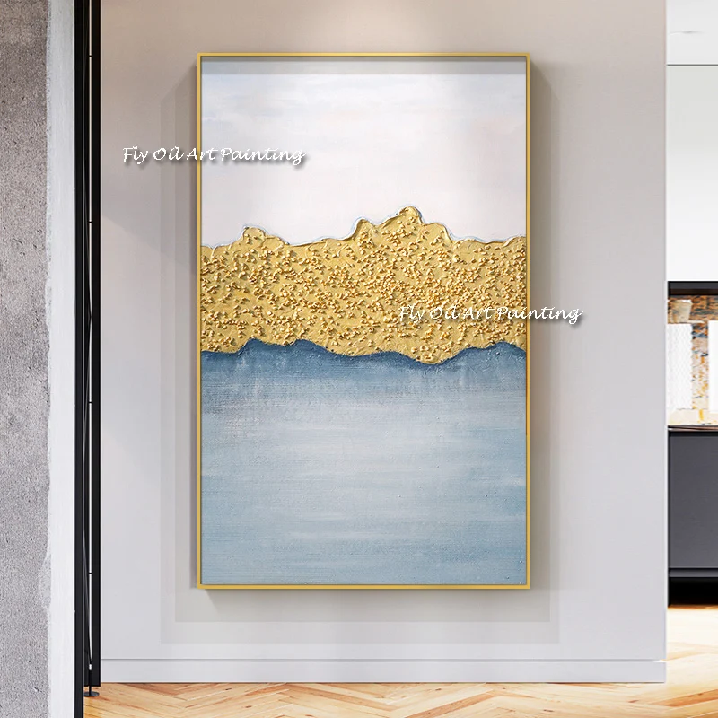 100% Handmade Modern Family  Wall Art Picture Abstract Gold Foil Painting Handwork Blue sitting Room Decor  Canvas painting