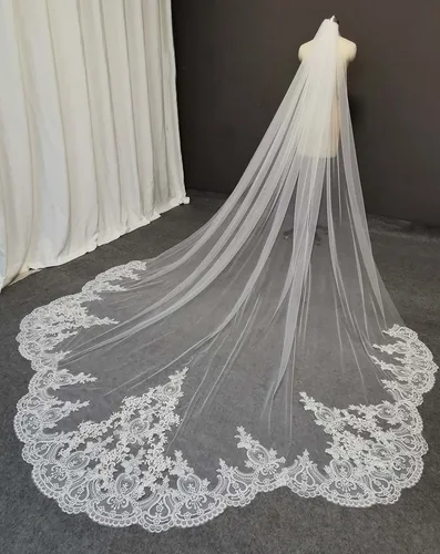 Imagen 2 del producto Velo de novia largo de encaje festoneado con peine, velo de novia Real con fotos, tocado de novia, marfil blanco, 3,5 metros
