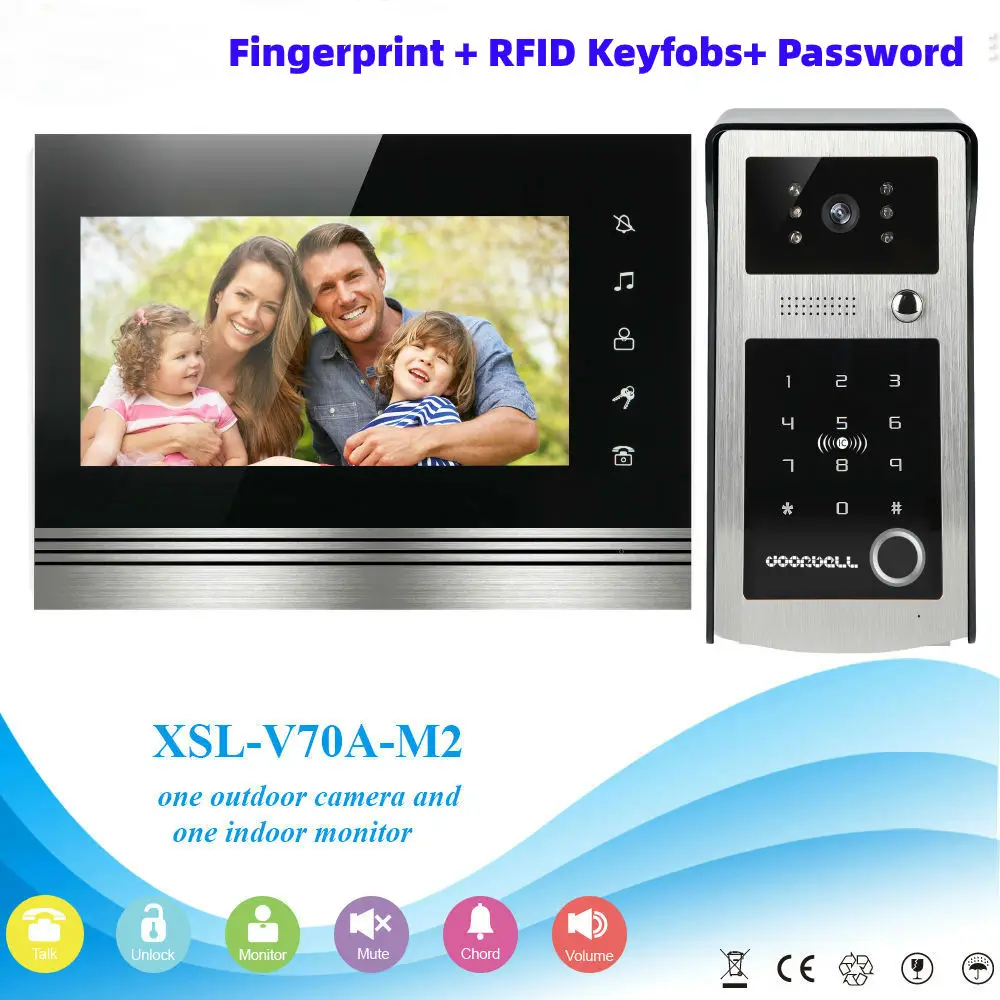 7'' TFT LCD Video Door Viewer Door Bell Touch Button Video Intercom Monitor Kit IR Night Vision Camera Door Bell Home Security