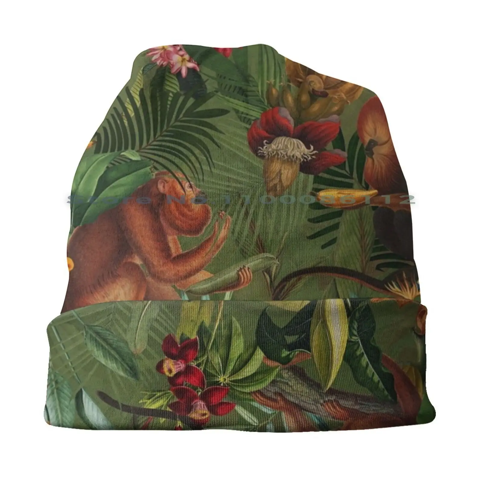 Tropical Monkey Jungle Pattern-Dark Green Beanies Knit Hat Nature Jungle Blossom Spring Petal Beautiful Blooming Natural Beauty