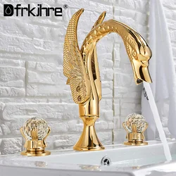 Swan Basin Faucet Golden Deck Mounted 3 Holes Widespread Bathroom Vessel Sink Mixer Tap Dual Crystal Handles Cold Hot Mixer Tap