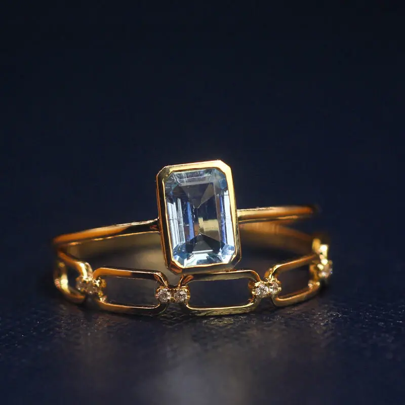Unique original new rectangular aquamarine minimalist design opening adjustable ring exquisite charm luxury ladies jewelry