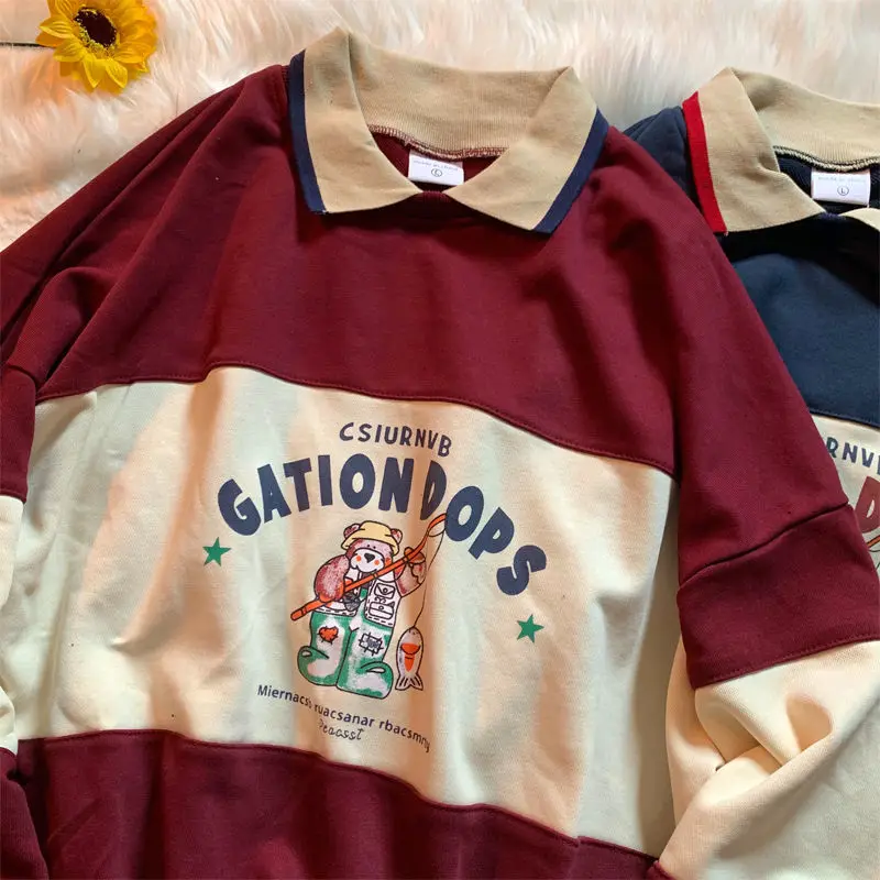 Sudadera Vintage con cuello tipo POLO y letras estampadas para mujer y niña adolescente, suéter de gran tamaño Harajuku, ropa Kawaii coreana, jerséis