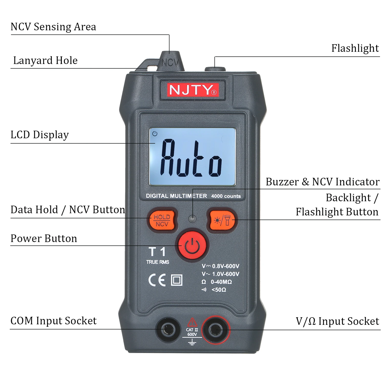 NJTY Mini LCD Digital Multimeter Auto Range NCV 4000 Counts True RMS Smart Universal Tester 600V Voltmeter Ohm Voltage Tester