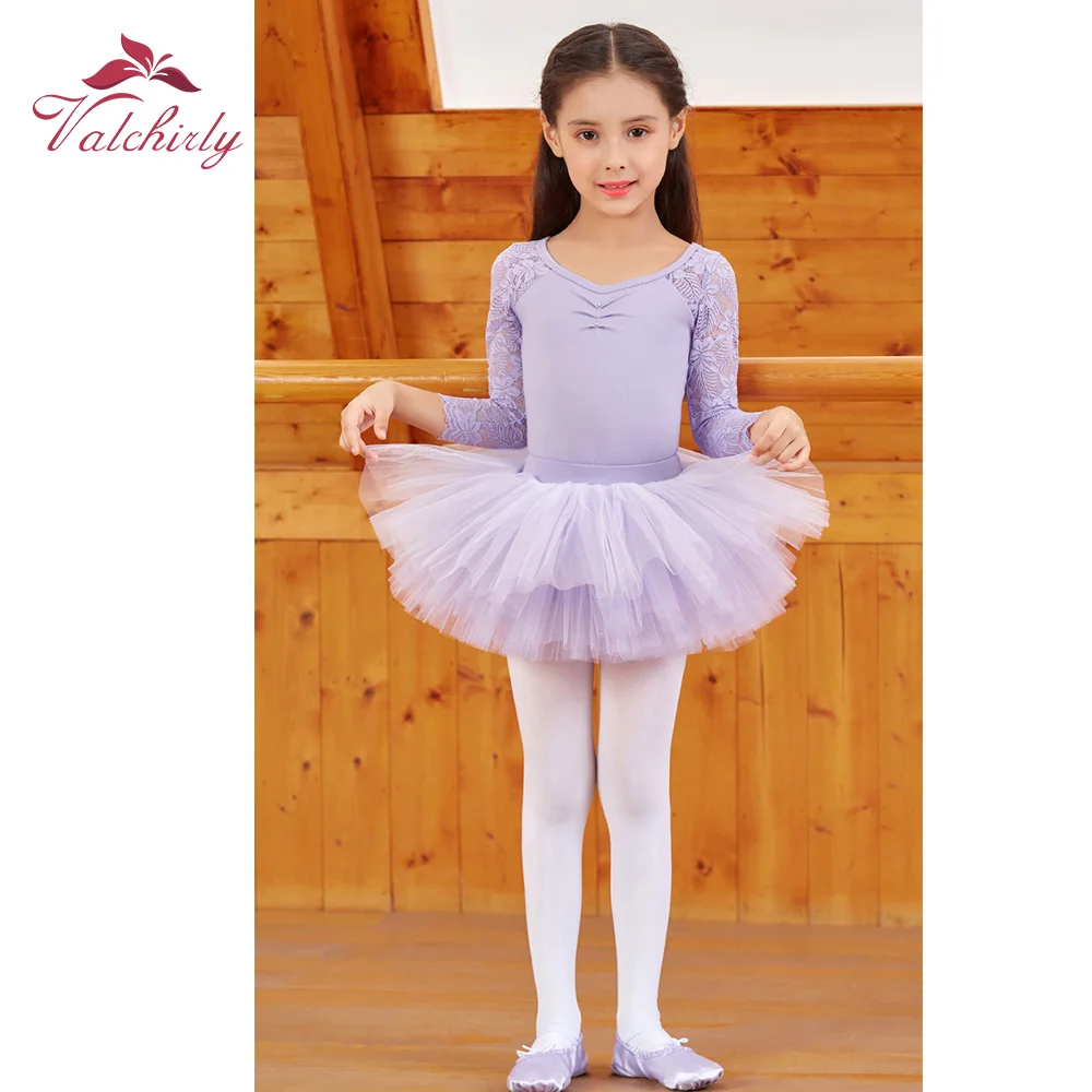 New Pink Ballerina Costume Kids Dance Leotard Tutu Dress  Long Sleeves Flower Lace Dancewear  for Girls