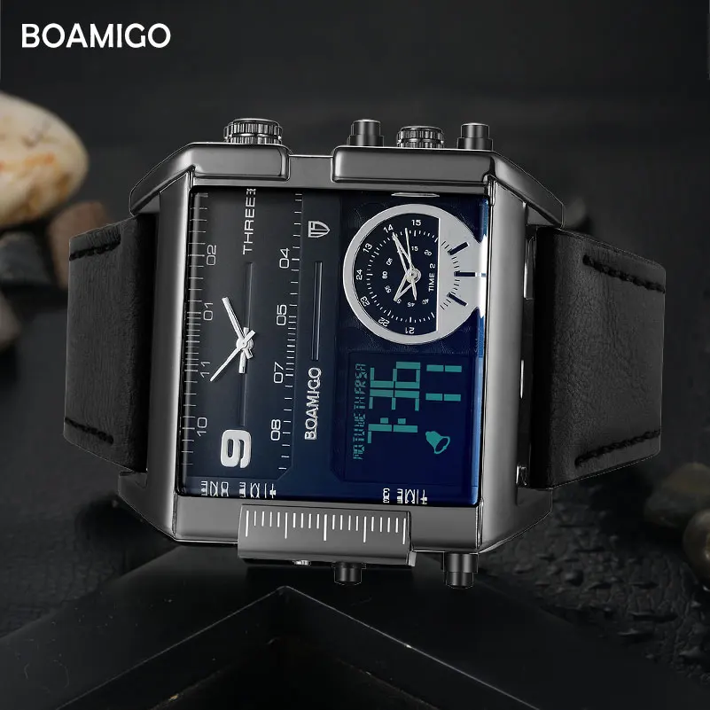 BOAMIGO-メンズレザー腕時計,スポーツウォッチ,3タイムゾーン,ラージマン,ミリタリーファッション,クォーツ
