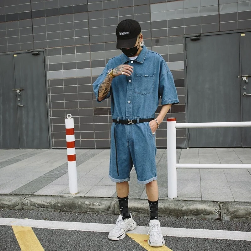 

Mens Summer Short Sleeve One Piece Jumpsuit Loose Fit Hip Hop Cargo Shorts Fashion Harajuku Casual Streetwear Man Short Overalls