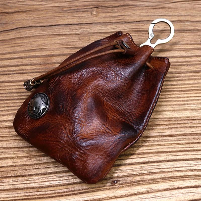 Porte-monnaie vintage en cuir véritable fait à la main pour hommes et femmes, petit sac de rangement de poche Wstring de proximité, porte-clés,