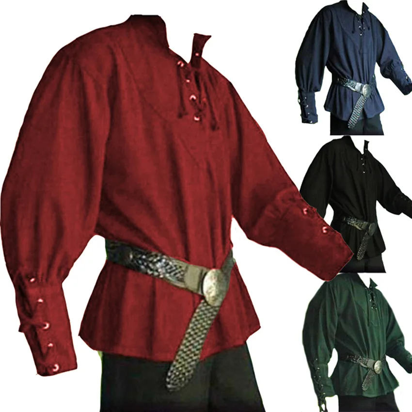 Men Medieval Renaissance Grooms Pirate Reenactment Larp Costume Lacing Up Shirt Bandage Top Middle Age Clothing For Adult