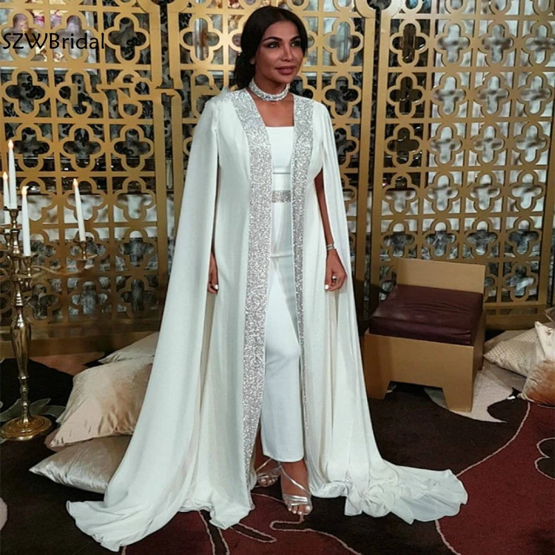 Custom made Ivory Dubai Muslim Evening Dress Sliver Sequin Moroccan Kaftan Cape Long evening dresses Vestido de festa