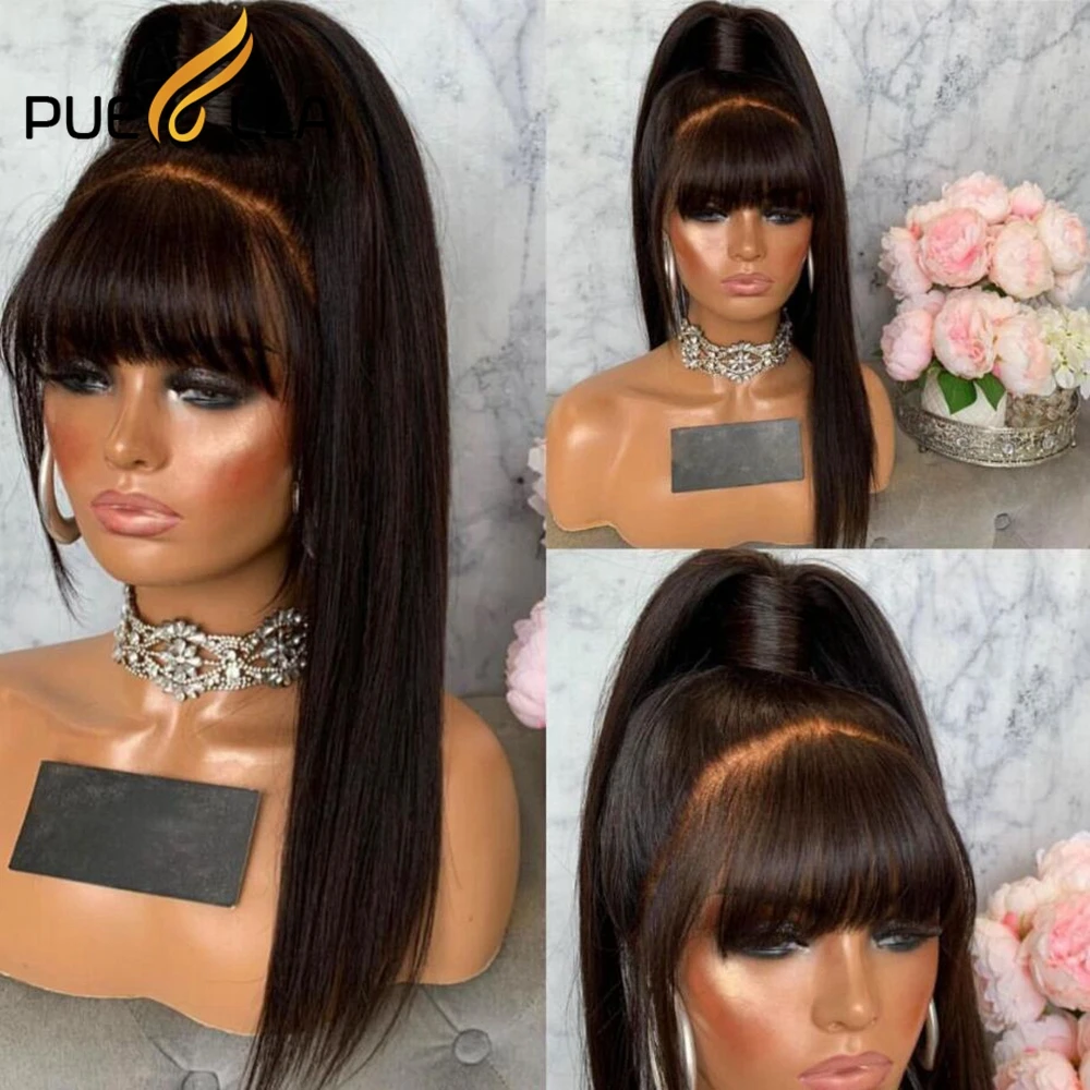 Wig rambut manusia renda depan merah 13x4 dengan poni rambut manusia renda lurus Brasil untuk wanita 13x6 Wig depan renda rambut manusia