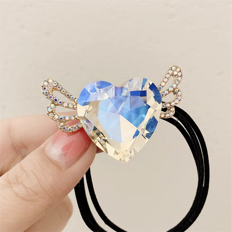 New Love Crystal Hair Tie Cute Girl Black Rubber Band Net Red Simple Hair Rope Hair Accessories