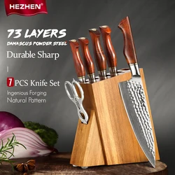 HEZHEN 1-7PC Kitchen Knife Vacuum/Deep Freezer Heat Treatment 73-Layer Powder Steel Cook Tools Gift Box Slice Knife Holder