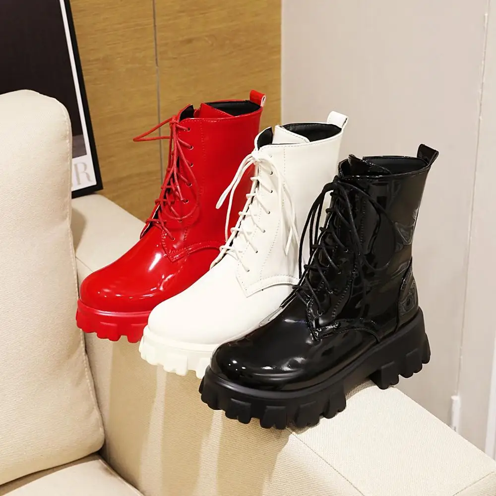 Women Boots Patent Leather Platform Shoes Brand Ankle Fashion High Heel Boots Women Autumn Winter Warm Platform Boots black red