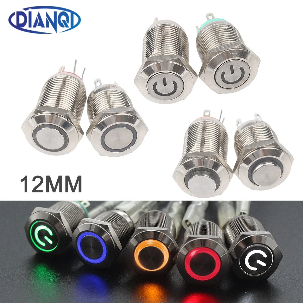 

12mm Reset Metal Button Start Stop Switch with LED Light Latching 12V24V Small Waterproof Push Button Switches High Flat Head