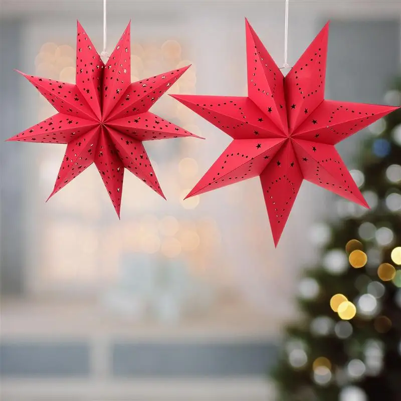 2Pcs Ceiling Light Covers Xmas Hanging Paper Star Lampshade Christmas Nine-Pointed Star Origami Lanterns Household