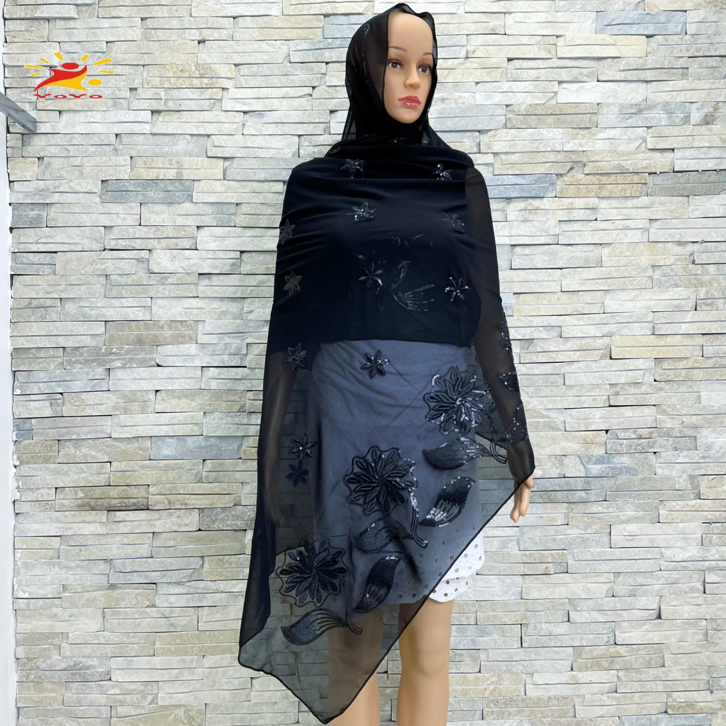 2022 TheLatest Dubai Hijab African Muslim Women\'s Scarf Premium Sequin Embroidery Chiffon Soft Fabric Islamic Cover