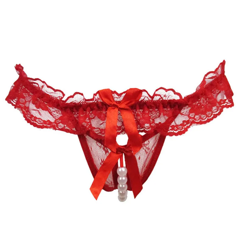 Sexy Crotchless Underwear Faux Pearl Women\'s G-String Thongs Briefs Panties Hot Erotic Women Lingerie String Lace Bowknot