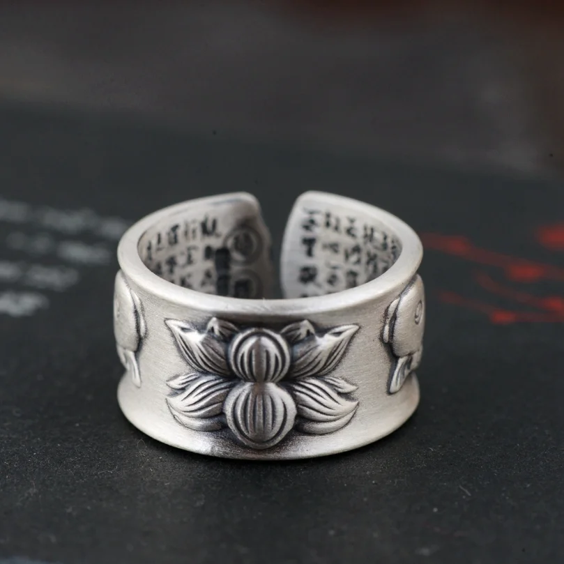 S990 Sterling Silver Fish Lotus Heart Sutra Adjustable Ring For Men Women Real Silver open Fish Ring Band Open Size