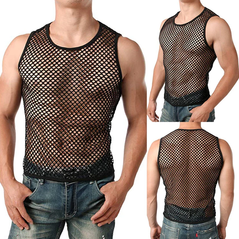 Men\'s Mesh Sheer T-shirt Gym Training Sleeveless Tops Sexy Fish Net Muscle Tee Clubwear M-XXL