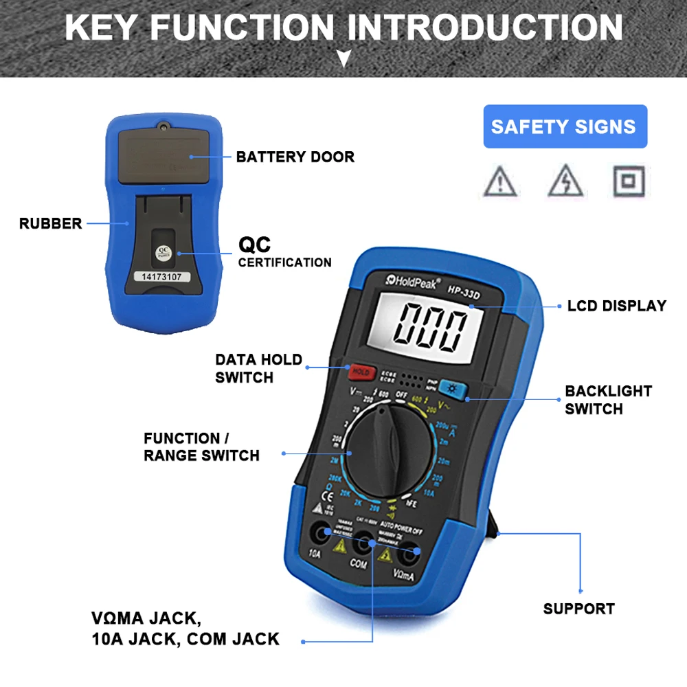 HP-33D Digital Manual Multimeter DC/AC Voltage Current Resistance Diode Tester with Data Hold,Shock Protection,Measuring Cable