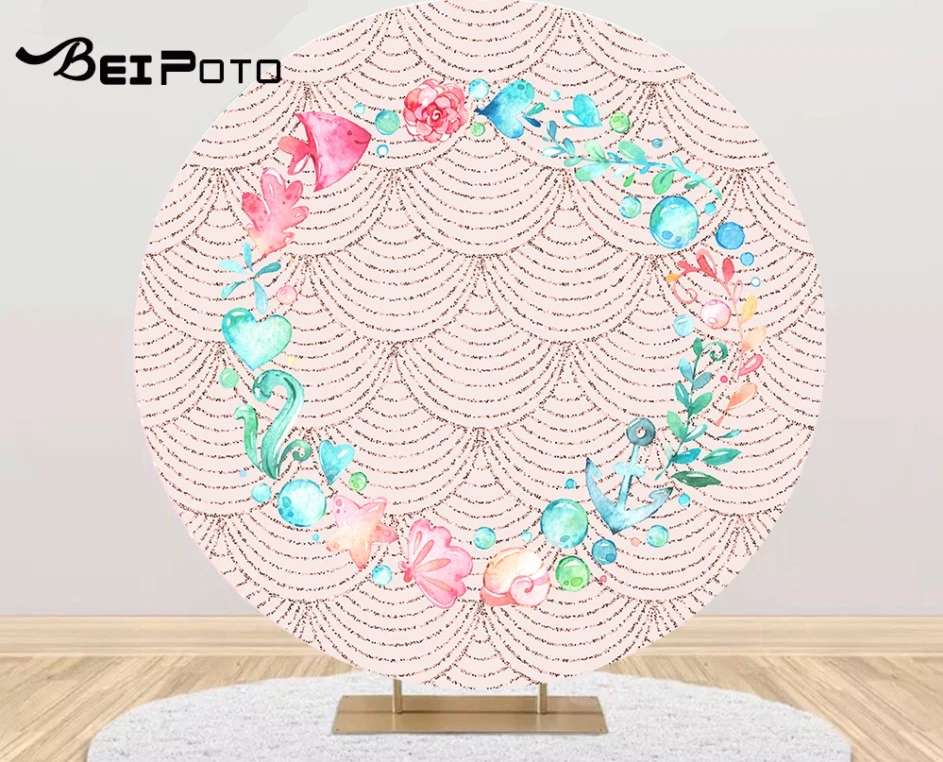 ピンクの丸い人魚の写真の背景,ベビーシャワーサークルの背景,誕生日パーティーのポスター,テーブルカバー,y738