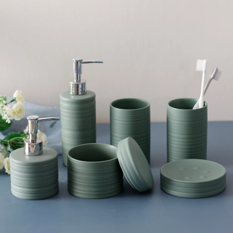 Matte Green Ceramic Bathroom Accessories Set Lotion Bottle/Jewelry Box/Tumbler/Soap Dish Bathroom Organizer for Home Hotel