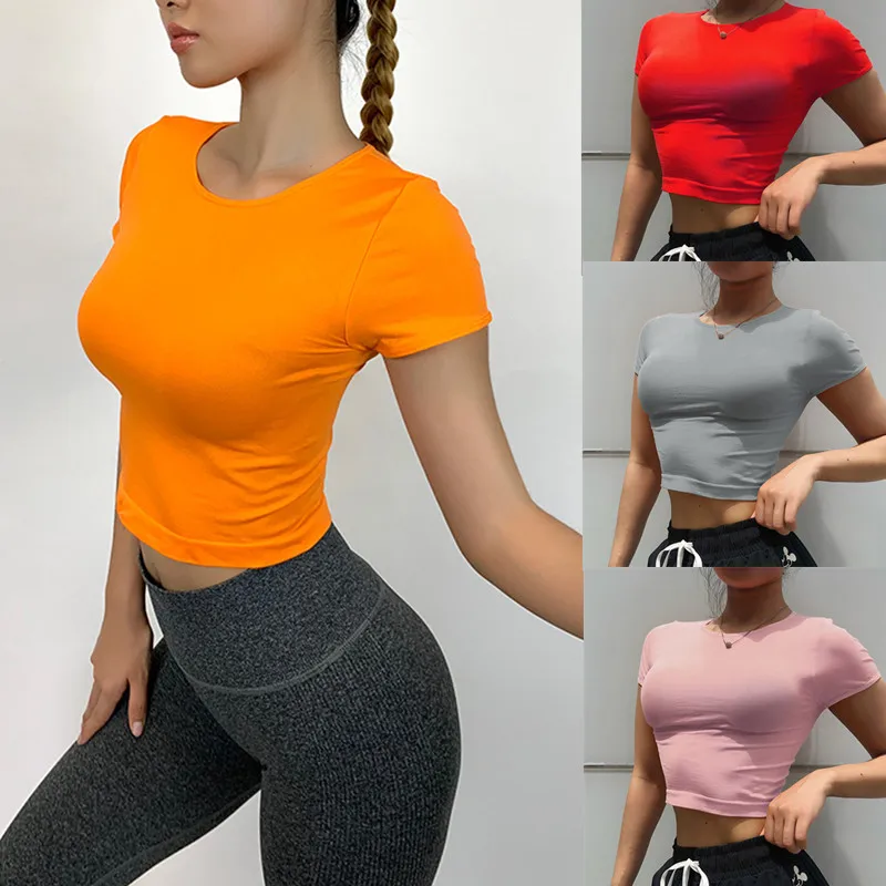 

Summer Women's Tight T-shirt Quick-drying Short-sleeve Sexy Workout Clothes Solid Color Round Neck Running Sports Tops Casual