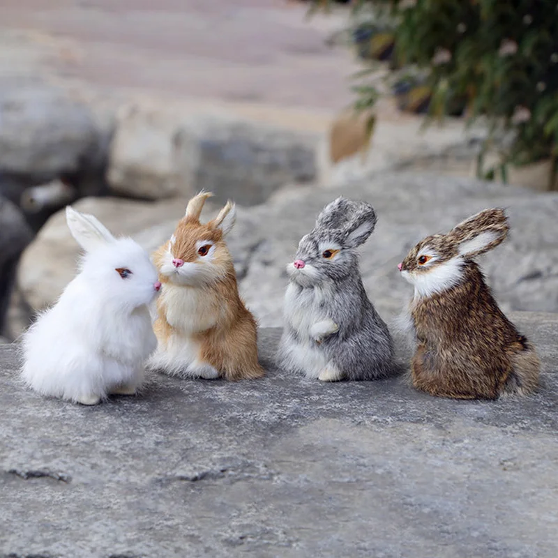 Mini Realistic Cute Plush Rabbits Fur Lifelike Art Ornaments Figurine Easter Bunny Simulation Rabbit Toy  Home Decor Crafts Gif