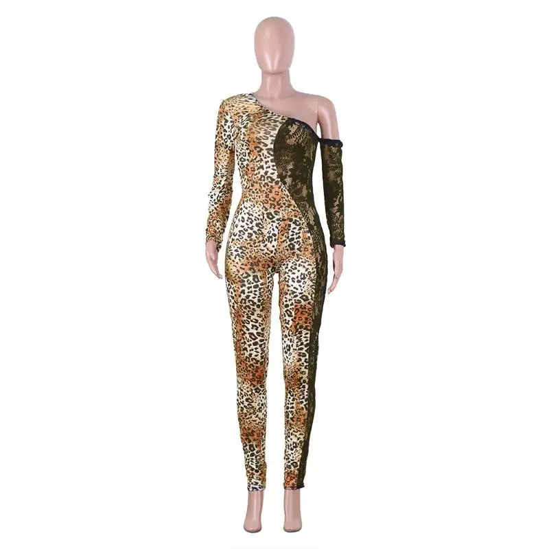 2020 Nieuwe Luipaard Print Lange Mouwen Herfst Vrouwen Jumpsuit Vrouwen Broek Bruin Kant Mode Slanke Dames Sexy Bodycon Jumpsuits