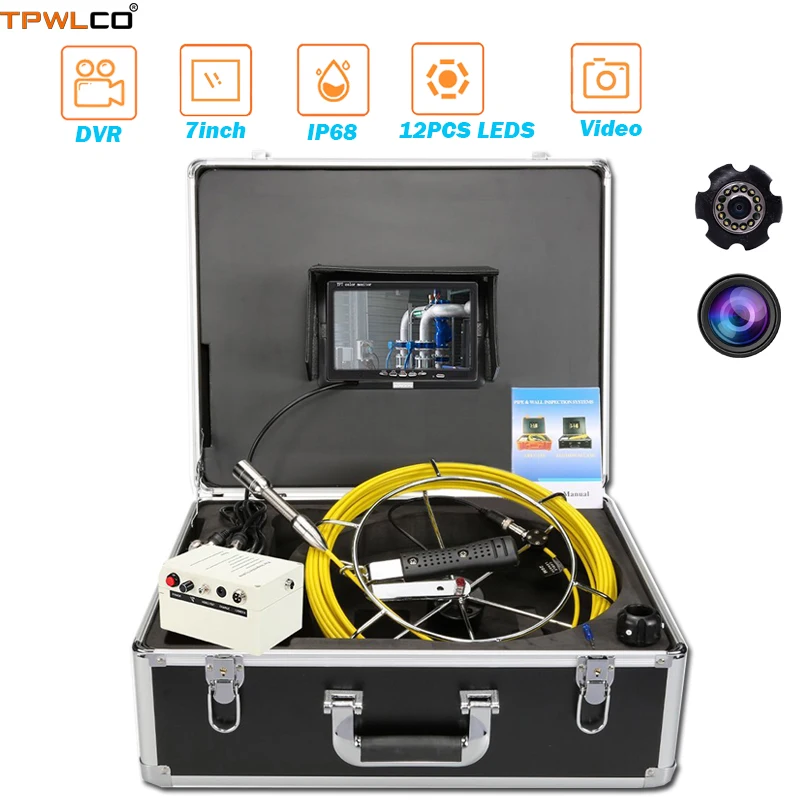 

20m Cable 23mm Pipeline Video Camera DVR Function Pipe Endoscope Inspection System With 7" Color Screen/Sun-visor 12pcs LEDS