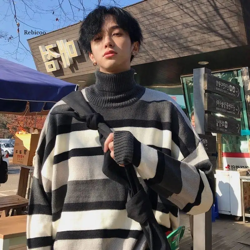 

Turtleneck Sweaters Men Striped Simple All-Match Loose 2Xl Harajuku Chic Korean Mens Clothing Knitting High Quality Fashionable